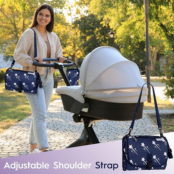 Nasteri Baby Gear Extra Large Portable Baby Changing Pad with Memory Foam Pillow & Insulated Bottle Bag - Waterproof Portable Changing Station for Girls & Boys - Navy