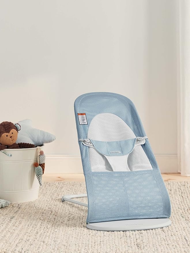 BabyBjörn Bouncer Balance Soft, Light Grey Frame, Mesh, Sky Blue/White, 2-in-1 Adjustable Baby Bouncer Seat and Toddler Chair, Newborn to Toddler (8-29 lbs), 4 Positions, Lightweight & Portable