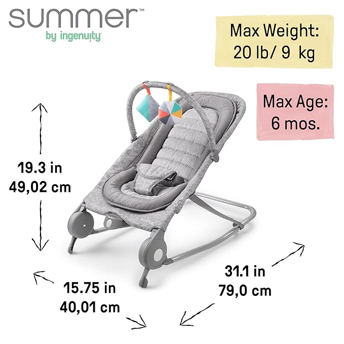 Summer Infant 2-in-1 Bouncer & Rocker Duo (Light Gray Tweed) Convenient and Portable Rocker and Bouncer for Babies Includes Soft Toys and Soothing Vibrations