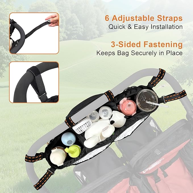 Double Stroller Organizer for Bob Duallie and Baby Jogger City Mini GT2, Double Jogging Stroller Caddy with 2 Insulated Cooler Pockets & Detachable Bag