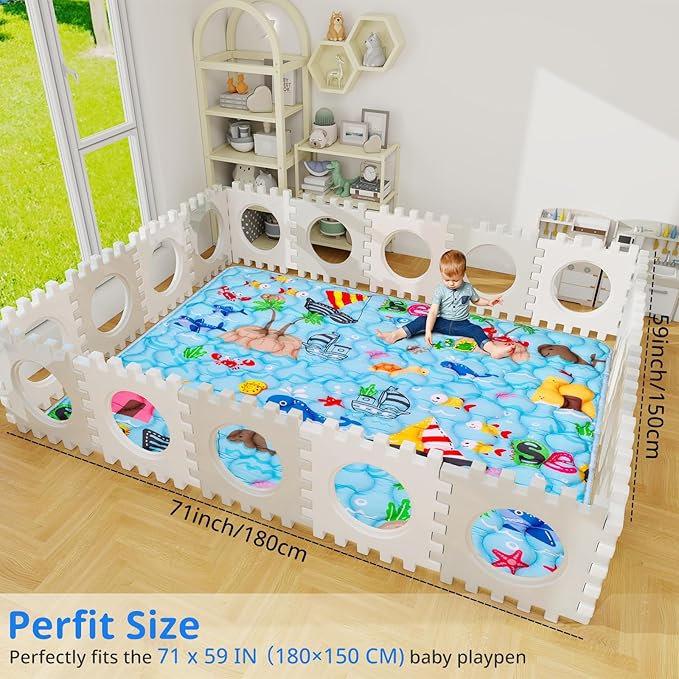 Ocean Baby Gyms Playmats for Playpen 71"×59" Marine Animals Play Mat for Playpen Playyards Thicken Soft Padding Foam Playmats for Babies Toddlers Infants Baby Crawling Mat Pad Tummy Time