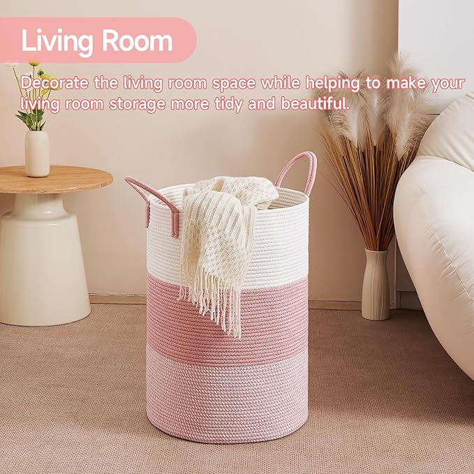 CLHMILY&Z 80L Laundry Basket Round Storage Rope Basket - 16.5x22.5 Inches - Pink Hamper in Bedreoom and Cute Storage Bin for Blankets, Toys, and Nursery Essentials