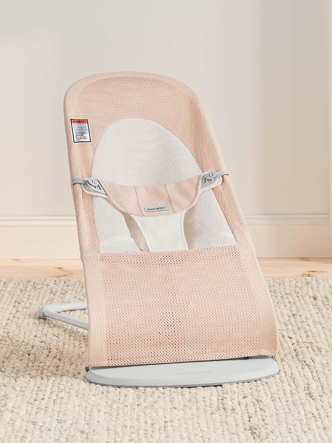 BabyBjörn Bouncer Balance Soft, Light Grey Frame, Mesh, Pearly Pink/White, 2-in-1 Adjustable Baby Bouncer Seat and Toddler Chair, Newborn to Toddler (8-29 lbs), 4 Positions, Lightweight & Portable