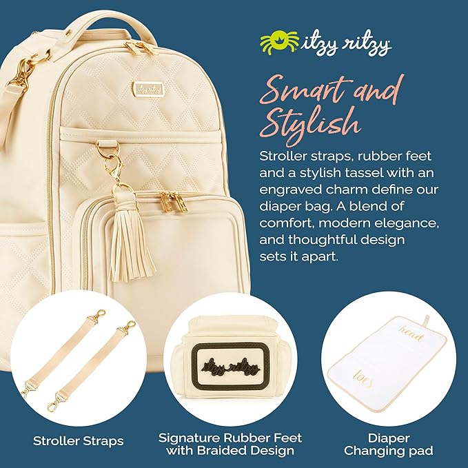 Itzy Ritzy Diaper Bag Backpack – Large Capacity Boss Plus Baby Backpack Diaper Bag Featuring 19 Pockets, Changing Pad, Stroller Clips, and Comfortable Straps (Milk & Honey)