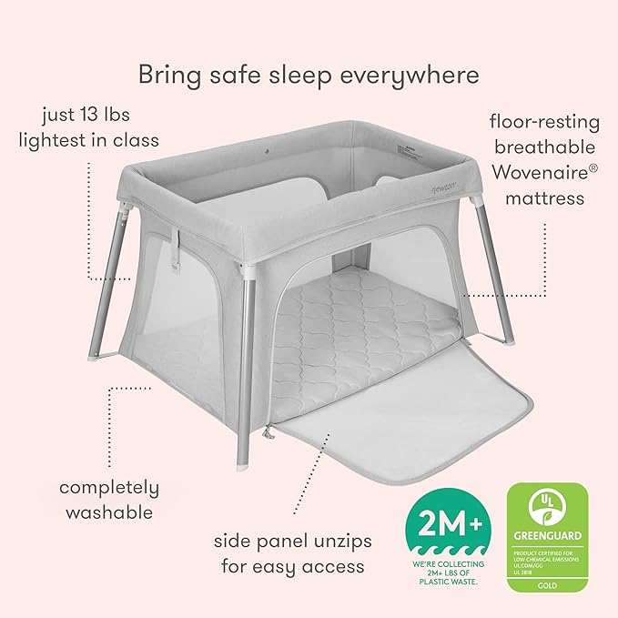 Newton Baby Compact Travel Crib & Play Yard | Breathable & Washable Mattress, Foldable Carry-On Size, Backpack Straps, Gray, Newton Bassinet Attachment NOT Compatible
