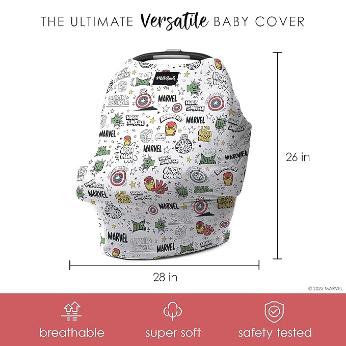 Milk Snob Original Marvel 5-in-1 Baby Cover, Breastfeeding, Car Seat, Carrier, Stroller, High Chair, Shopping Cart, Canopy, Baby Shower Gender Neutral Gifts, Nursing Top (Mighty Heroes)
