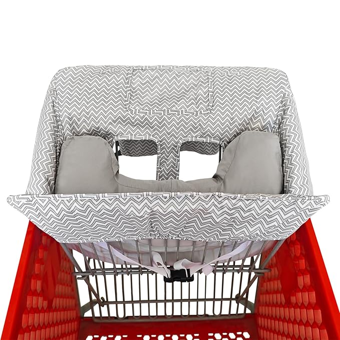 Soft Pillow Attached 2-in-1 Shopping Cart and High Chair Cover for Baby, Cotton Padded Cart Cover, Fold'n Roll Style, Portable with Carry Bag (Gray Chevron)