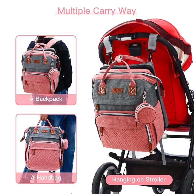 Diaper Bag Backpack with Changing Station, Large Diaper Bag, Baby Bag, Multifunctional Diaper Bag, Pinkgray