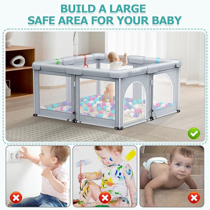 OCATO Baby Playpen with Mat: Foldable Playpen for Babies and Toddlers Play Pen Portable Playpens Fence Indoor Outdoor Kids Safety Area Play Yard with 50x50 Playpens Mat 4 Handlers 50 Balls (50" × 50")