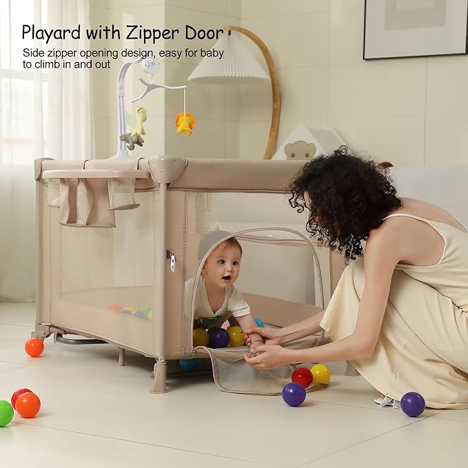 5 in 1 Pack and Play, Baby Bassinet Bedside Sleeper, Baby Playard, Bedside Crib with Changing Table, Foldable Travel Playard for Newborn to Toddles (Beige)