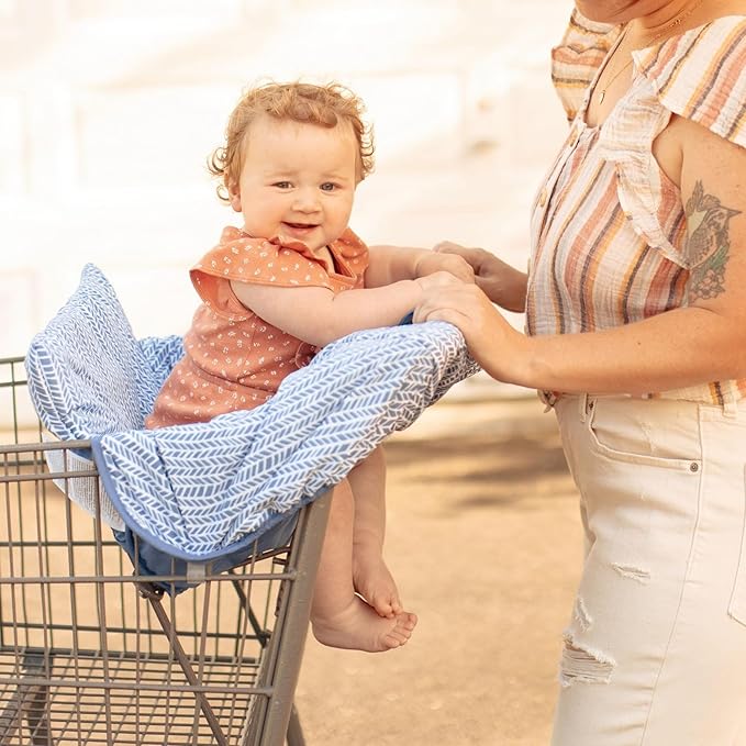 2-in-1 Cushy High Chair Cover and Shopping Cart Cover for Baby, Comfortable Cover for Grocery Cart, Universal Fit Cart Cover for Babies, Includes Storage Pouch - Blue Little Arrows