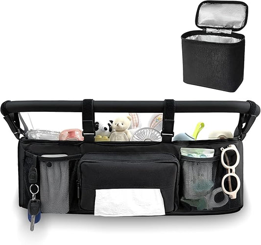 Double Stroller Organizer for Bob Duallie and Baby Jogger City Mini GT2, Double Jogging Stroller Caddy with 2 Insulated Cooler Pockets & Detachable Bag