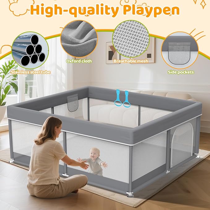 50x50 Inch Baby Playpen - Playpen for Babies and Toddlers, Baby Play Yard for Indoor & Outdoor, Toddler Fence Play Area with Skin-Friendly Fabric and Soft Breathable Mesh, Dark Grey