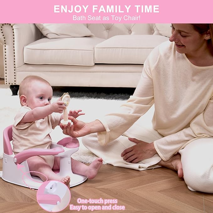 Baby Bath seat for Babies 6 Months & up, 360° Stable Toddler Bath Chair with one-Touch Button, Back Hollow Design, Water Temperature Card & 4 Suction Cups for Safety (Pink)