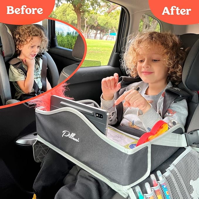 PILLANI Kids Travel Tray for Car - Car Seat Tray for Kids, Roadtrip Essentials, Carseat Table Tray for Kids Road Trip Activities - Toddler Lap Desk Organizer for Airplane