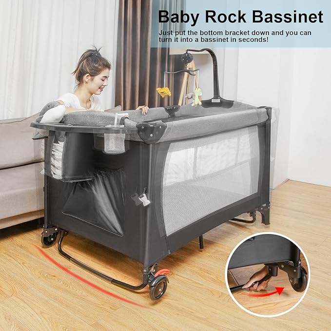 5-in-1 Pack and Play, Baby Bassinet Bedside Sleeper with U-Shaped Diaper Changer, Portable Toddler Playard for Newborn Toddlers, Baby Crib with 4 Adjustable Height, Carry Bag,Easy to Install (Black)