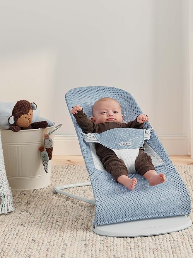 BabyBjörn Bouncer Balance Soft, Light Grey Frame, Mesh, Sky Blue/White, 2-in-1 Adjustable Baby Bouncer Seat and Toddler Chair, Newborn to Toddler (8-29 lbs), 4 Positions, Lightweight & Portable