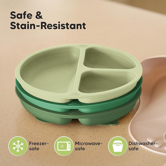 KeaBabies Suction Plates for Baby, Toddler - 3-Pack 100% Silicone Toddler Plates with Suction, Divided, BPA-Free Baby Led Weaning Essentials for Kids, Dishwasher, Microwave Safe, Durable (Forest)