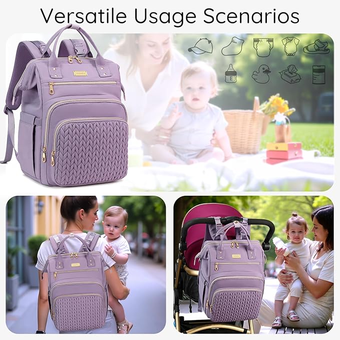 AIJIEKE Diaper Bag, Large Wide-Open Baby Diaper Backpack, Multi-functional Baby Travel Tote Bag, Diaper Bag with Changing Pad, Diaper Bags for Mom & Maternity (Purple)