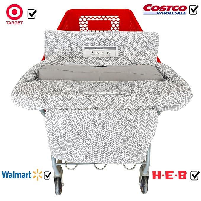 Soft Pillow Attached 2-in-1 Shopping Cart and High Chair Cover for Baby, Cotton Padded Cart Cover, Fold'n Roll Style, Portable with Carry Bag (Gray Chevron)
