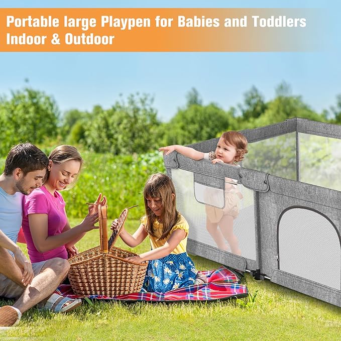 Foldable Baby Playpen with Gate, Extra Large Collapsible Play Yard for Babies & Toddlers, Portable Travel Play Pen with Fence, Safe Activity Center for Indoor & Outdoor Use (51"×51" Grey)