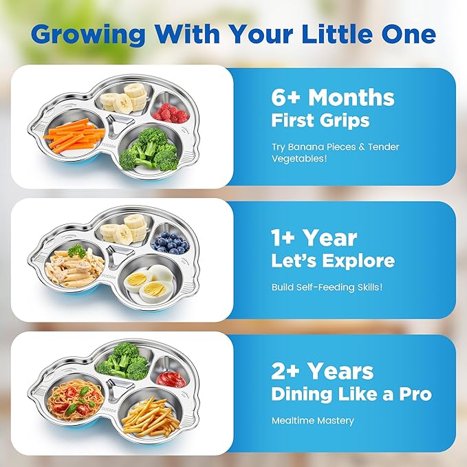 Stainless Steel Baby Suction Plates: Divided Plates Designed for Babies and Toddlers, Made of 100% Food-Grade Materials Ideal for Baby-Led Weaning BPA-Free Toddler Feeding Dishwasher Safe Blue