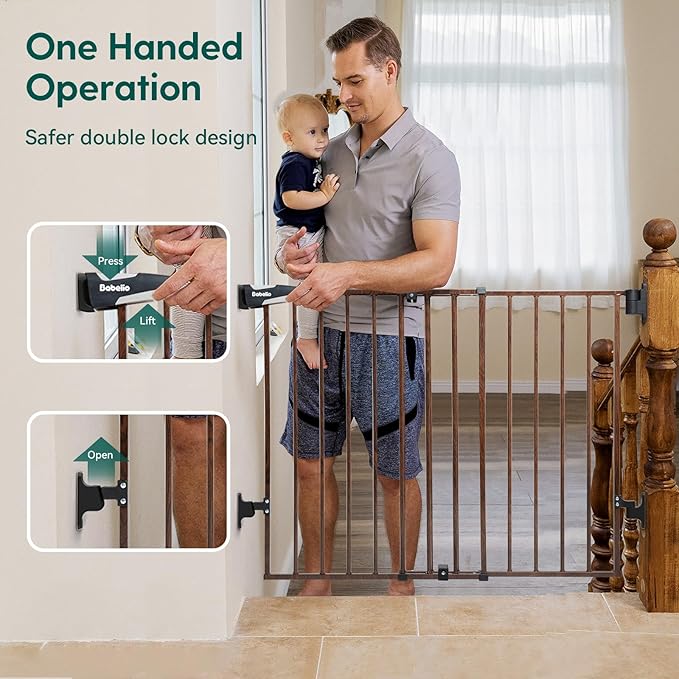 Babelio 34" Extra Tall Baby/Dog Gate with No Threshold Design Walk Thru Door, 26-43" Auto Close Safety Gate for Babies, Elders and Pets, Fits Doorways, Stairs, and Entryways, Black Wood Pattern