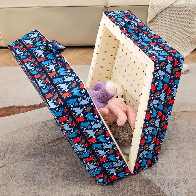 100% Cotton Lining Portable Foldable Toddler Travel Bed - Soft Foam Floor Bed with Washable Cover, Safe and Comfortable Toddler Crib, Ocean Blue