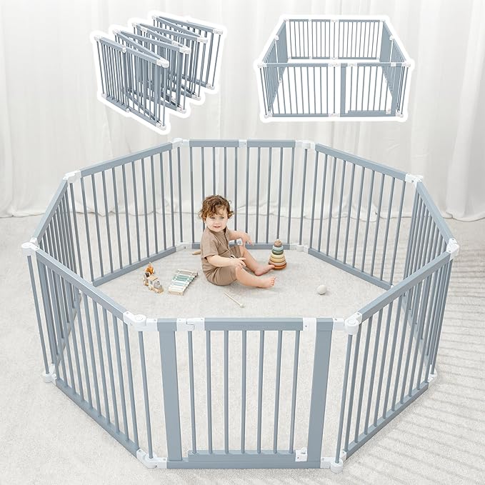 Comfy Cubs Baby Gate Playpen - 57 x 57 x 25 in, Extends Up to 228” - Pine Wood Foldable Playpen with Child-Proof Lock - Easy Assembly Baby Fence Play Area for Babies & Toddlers - Pacific Blue