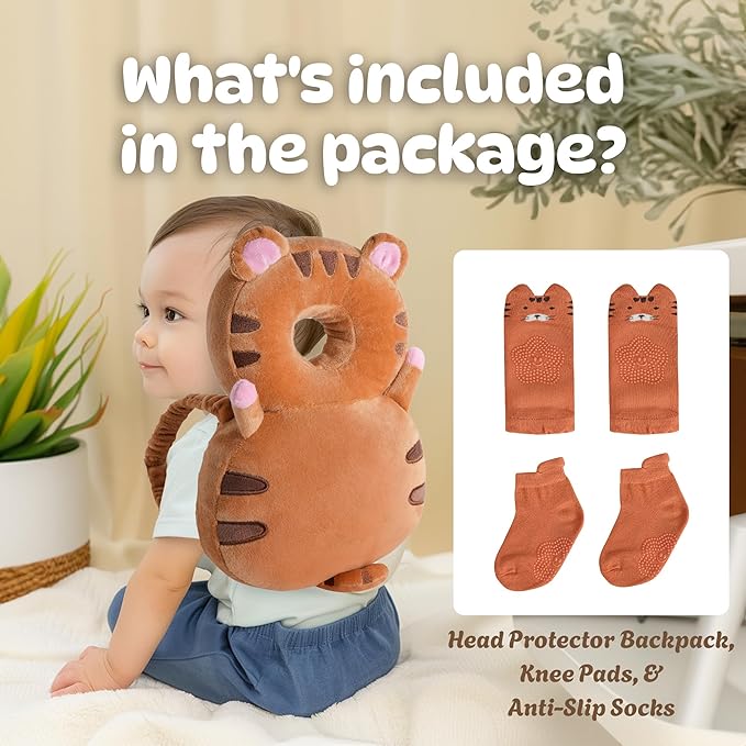 Baby Head Protector Backpack (9 to 24 Months) - Cute Head Guard Pillow with Knee Pads and Socks, Crawling and Walking Safety Set, Toddler Head Cushion Backpack, Brown Tiger