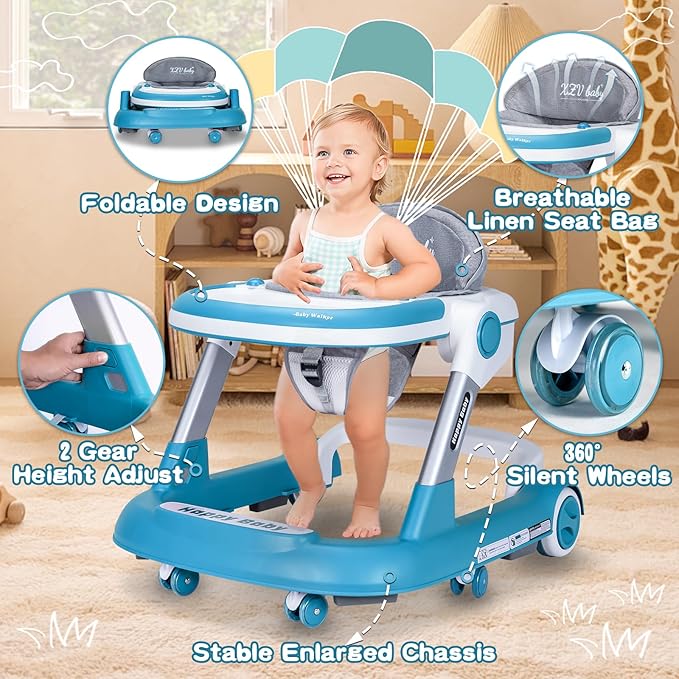 Baby Walker with Wheels 4 in 1 Foldable Activity Center with Mute Wheels Adjustable Heights Anti-Fall Activity Center for Boys Girls Safe Infant Toddler Walker with Footrest for 6-24 Months