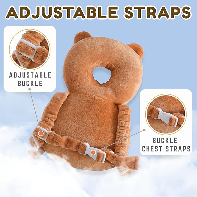 Baby Head Protector Backpack (9 to 24 Months) - Cute Head Guard Pillow with Knee Pads and Socks, Crawling and Walking Safety Set, Toddler Head Cushion Backpack, Brown Tiger