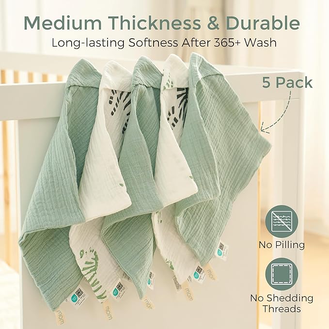 Momcozy Soft & Absorbent Baby Washcloths - 4 Layer Design| Medium Thickness| Premium Cotton for Newborns' Skin-Great for Bathing, Wiping & on-The-go Use, Shower Gift and Essential(5 Pack, 10x10 inch)