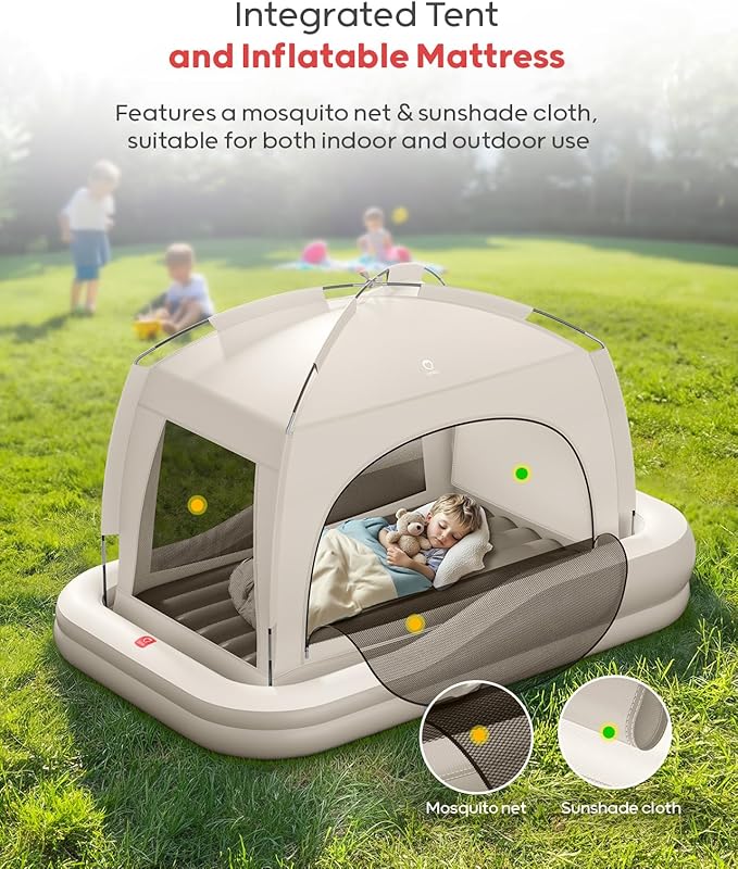 QPAU Inflatable Toddler Travel Bed with Tent, Baby Crib Tent, Portable Kids Air Mattress with Safety Bumpers, Ideal for Home, Grandma's, Camping, Traveling -Includes Fast Electric Pump (Khaki)