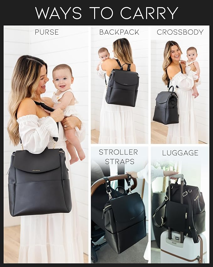 MIA + SOPHIA Leather Diaper Bag Backpack with USB Charging port, Changing Pad, Stroller Straps, and Bottle Holder (Black Olivia)
