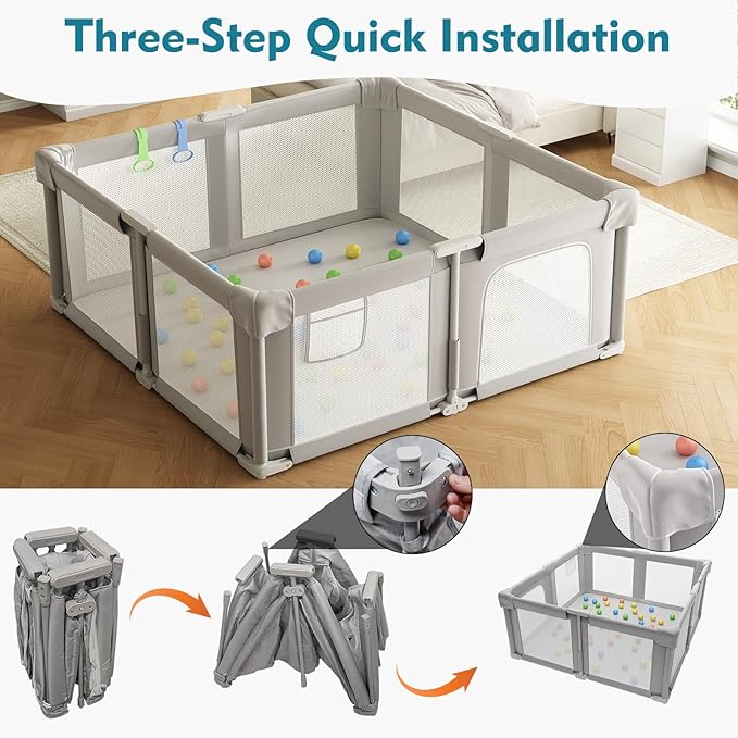 Foldable Baby Playpen, 51" Playpen for Babies and Toddlers with Mat Ocean Balls and Pull Links, Play Pen with Soft Breathable and Visible Mesh, Indoor and Outdoor Portable Play Pen, Gray