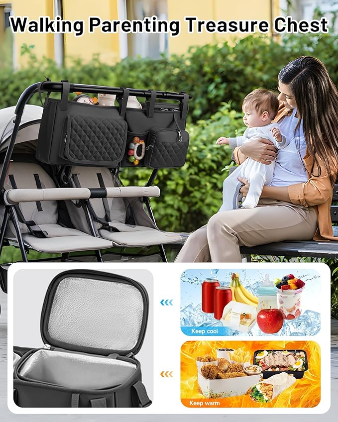 kcross Double Stroller Organizer Bag for Bob Duallie and Baby Jogger City Mini Gt2, Double Stroller Caddy Organizers with Cup Holder,Parent Console Stroller Accessories with Cooler Pockets