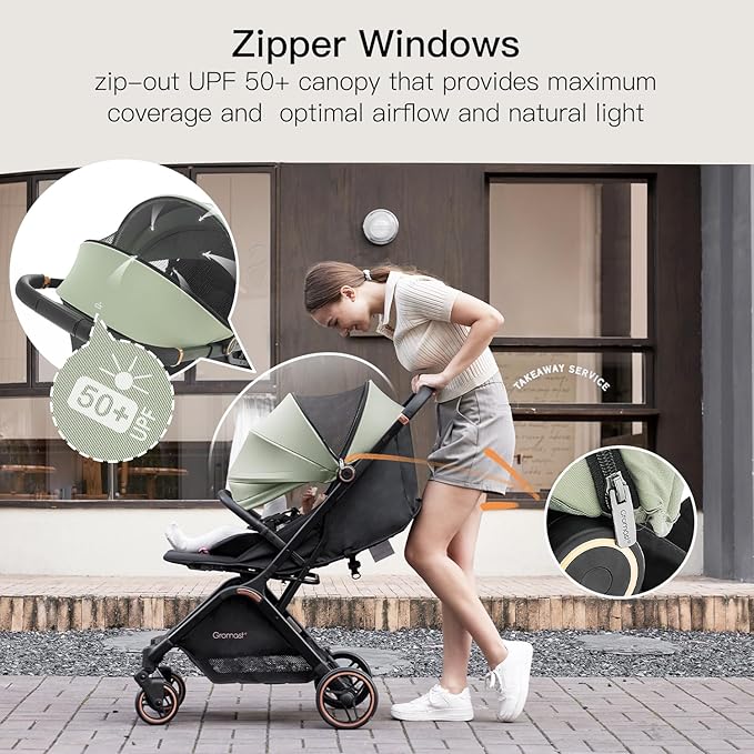 Gravity Folding Baby Stroller - Portable Travel Toddler Stroller w/Adjustable Backrest & Canopy, Lightweight and UV Protected, One-Hand Automatic Folding - Green