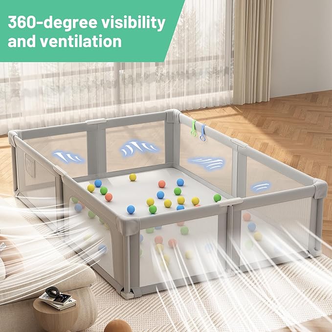 Baby Playpen, 73" x 61" Lareg Foldable Playpen with Mat for Babies and Toddlers, Play Pen with Soft Breathable Mesh, Ocean Balls and Pull Links, Baby Playard for Indoor & Outdoor, Gray