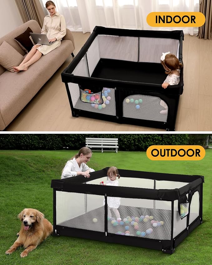 Foldable Baby Playpen with Non-Removable Thick Mat, Extra Large Collapsible Play Yard for Babies & Toddlers, Portable Travel Playpen with Gate, Safe Activity Center (51"×51" Black)