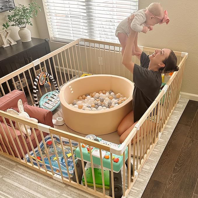HARPPA Baby Gate Playpen for Babies and Toddlers Wooden Playpen Large Baby Fence Play Yards for Play Area (56x56x24 inches)