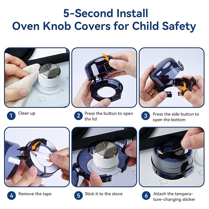 Stove Knob Safety Covers, 5Pcs Universal Size with 5 Heat Alert Stickers Oven Knob Covers for Child Safety, 2nd Gen Kitchen Burner Childproofing, Gas Stove Knob Locks for Kid Baby Pet (Black)