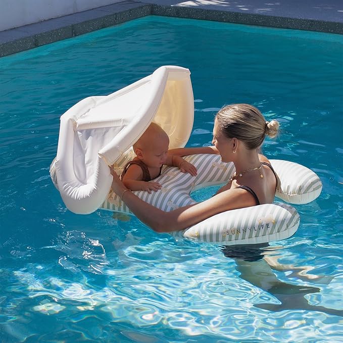 SUNNYLiFE Baby Pool Float with Canopy 24-33lbs - Infant Float with Removable Shade Canopy, Baby Swim Float with Head Rest & Leg Support | Duck Sage Stripe