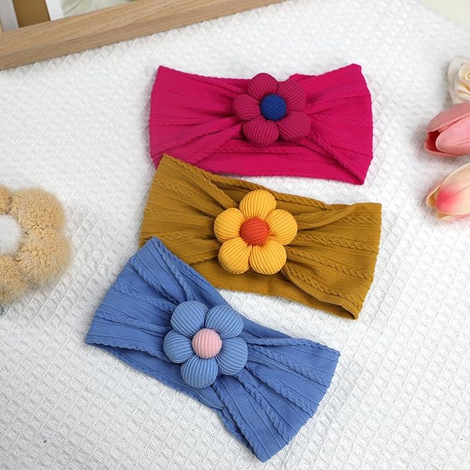 3 Pcs Baby Flower Headbands Baby Girls Nylon Headbands Soft Hairbands Hair Accessories for Newborn Infant Toddler Kids (Yellow Red Blue)