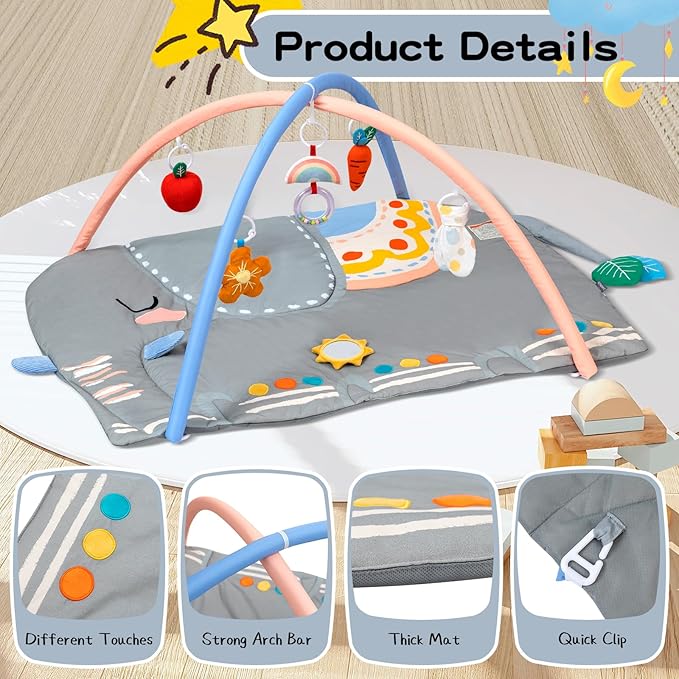 Baby Play Gym & Activity Mat, Oversize Elephant Baby Play Mat w 6 Detachable Toys, Tummy Time Mat Promote Motor Skills & Sensory Development Mat, Newborn Infant Baby Essentials Gift