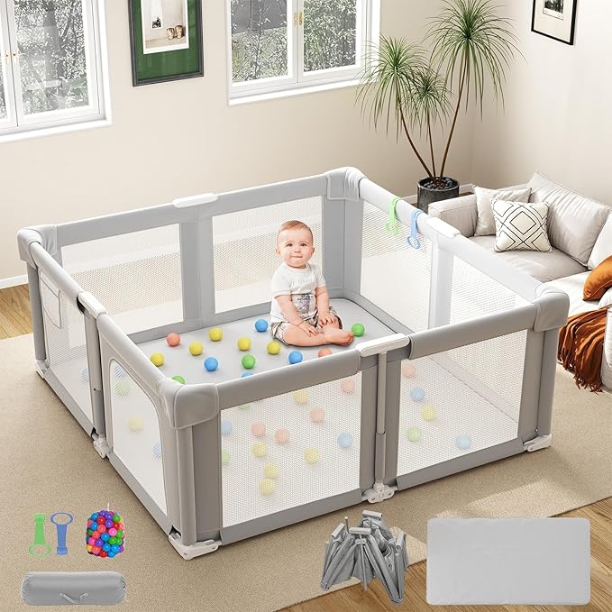 Foldable Baby Playpen, 51" Playpen for Babies and Toddlers with Mat Ocean Balls and Pull Links, Play Pen with Soft Breathable and Visible Mesh, Indoor and Outdoor Portable Play Pen, Gray