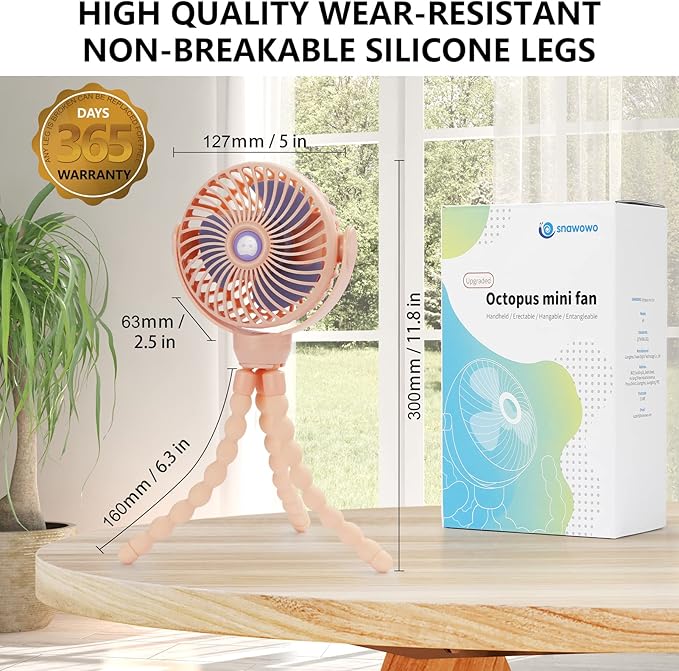 snawowo Mini Portable Baby Stroller Fan, Battery Operated Clip on Fan, Rechargeable 360° Rotate Flexible Tripod Handheld Cooling for Car Seat Crib Treadmill Travel(Pink)