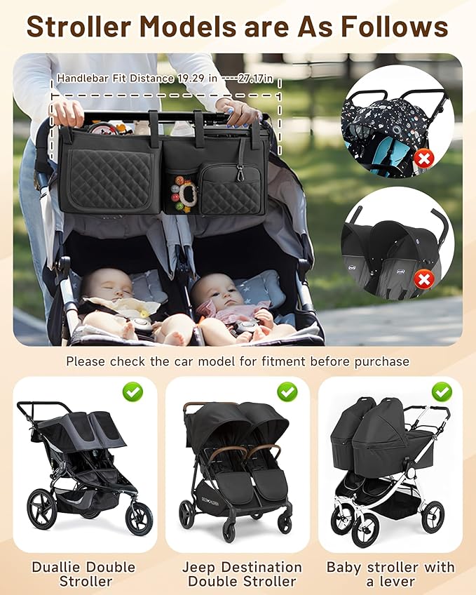kcross Double Stroller Organizer Bag for Bob Duallie and Baby Jogger City Mini Gt2, Double Stroller Caddy Organizers with Cup Holder,Parent Console Stroller Accessories with Cooler Pockets