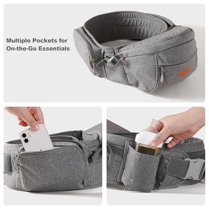 Sunveno Hip Baby Carrier with Seat,Ergonomic Baby Hip Carrier, Front-Facing Baby Holder, Anti-Slip Seat Surface, Wide and Adjustable Waistband, Multiple Pockets, Newborn to Toddler up to 45lbs, Grey
