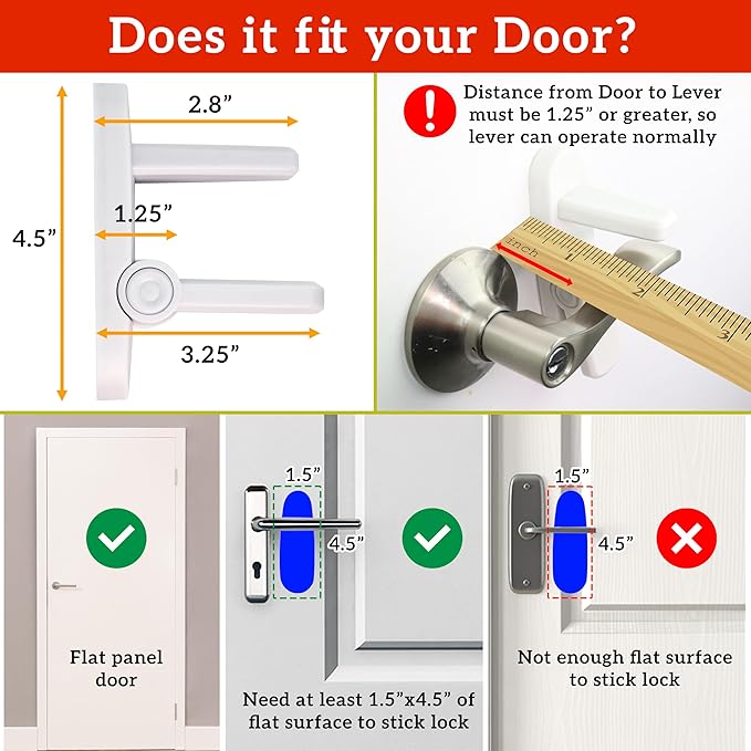 Door Lever Lock (6 Pack) Prevents Toddlers from Opening Doors. 3.25" L * 1.5" W * 4.5" H Easy One Hand Operation for Adults. Durable ABS with 3M Adhesive Backing. Simple Install, No Tools Needed.